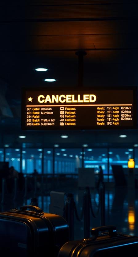 Foto realista de aeroporto noturno com painel de cancelamento